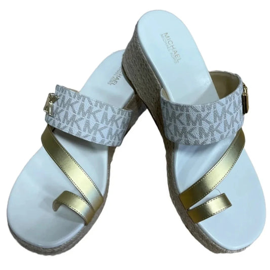 Sandals Heels Wedge By Michael By Michael Kors In Gold & Tan, Size: 7.5