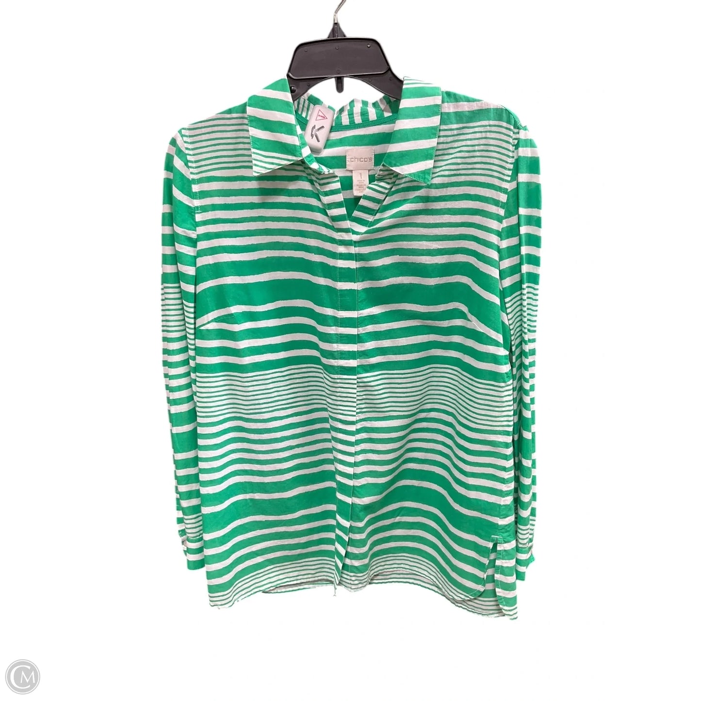 Blouse Long Sleeve By Chicos In Green & White, Size: M