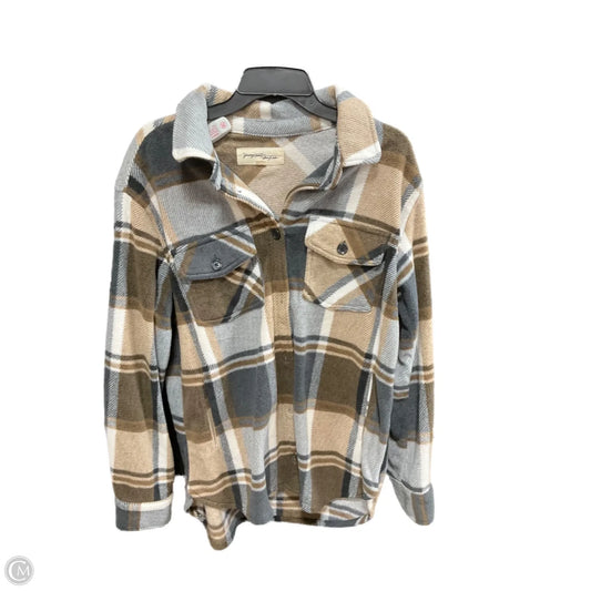 Jacket Shirt By Young Fabulous & Broke In Grey & Tan, Size: M