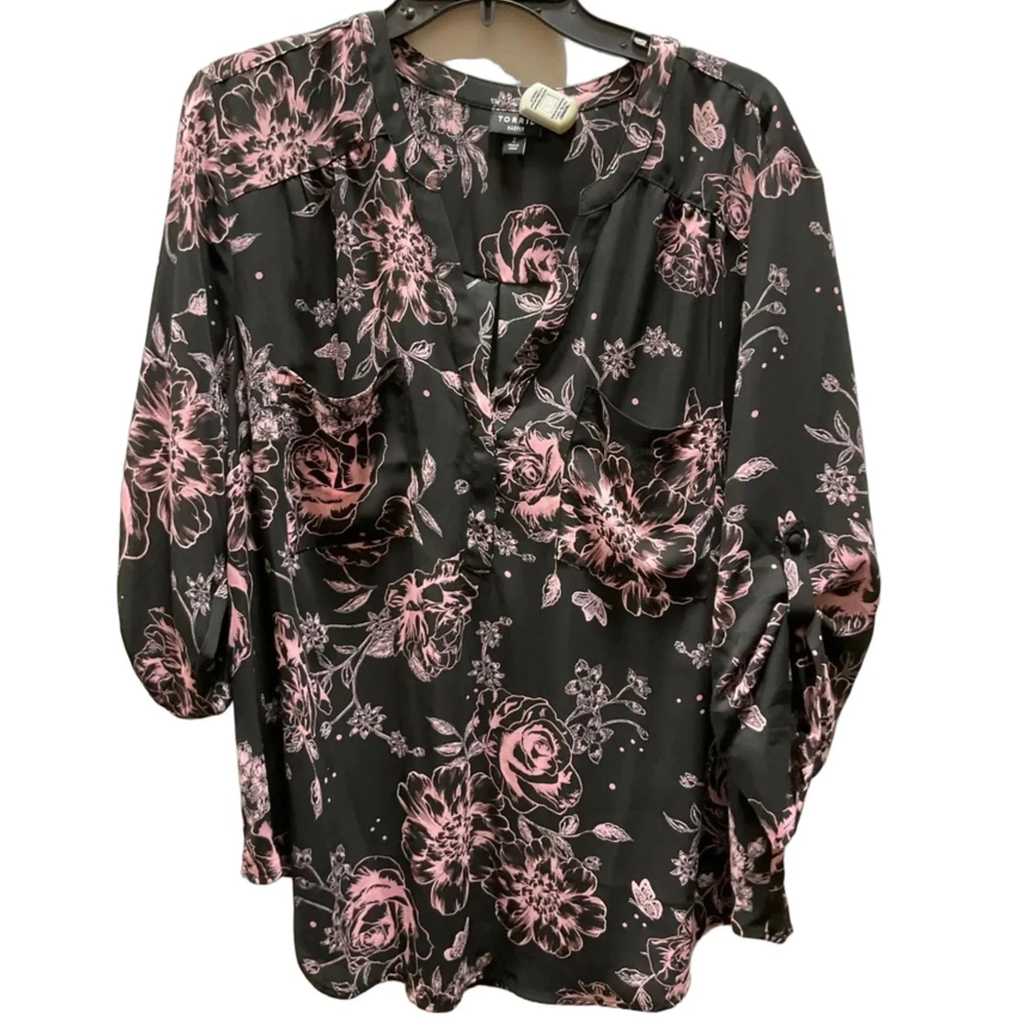Top 3/4 Sleeve By Torrid In Black & Pink, Size: 2x