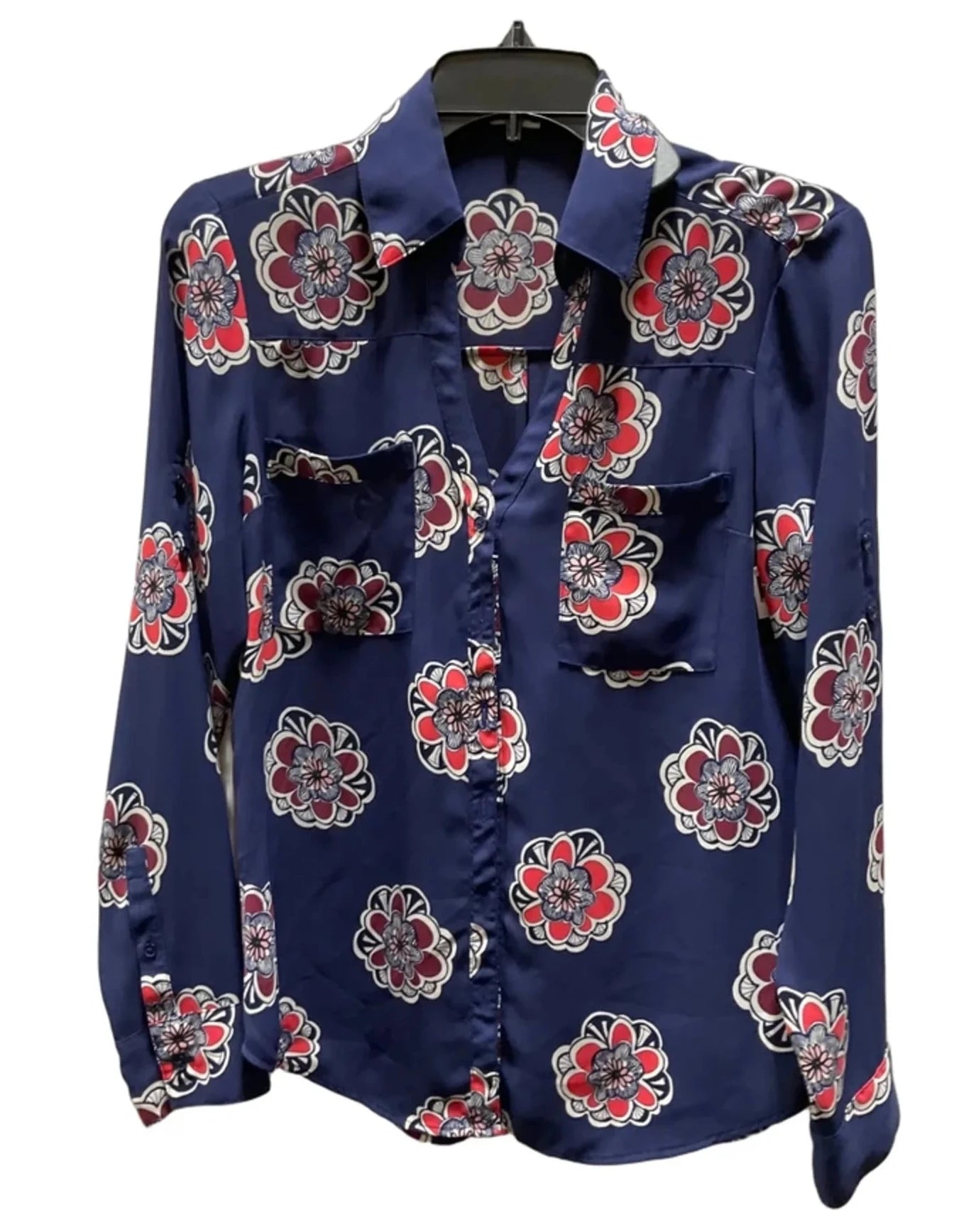 Blouse Long Sleeve By Express In Blue & Red, Size: S