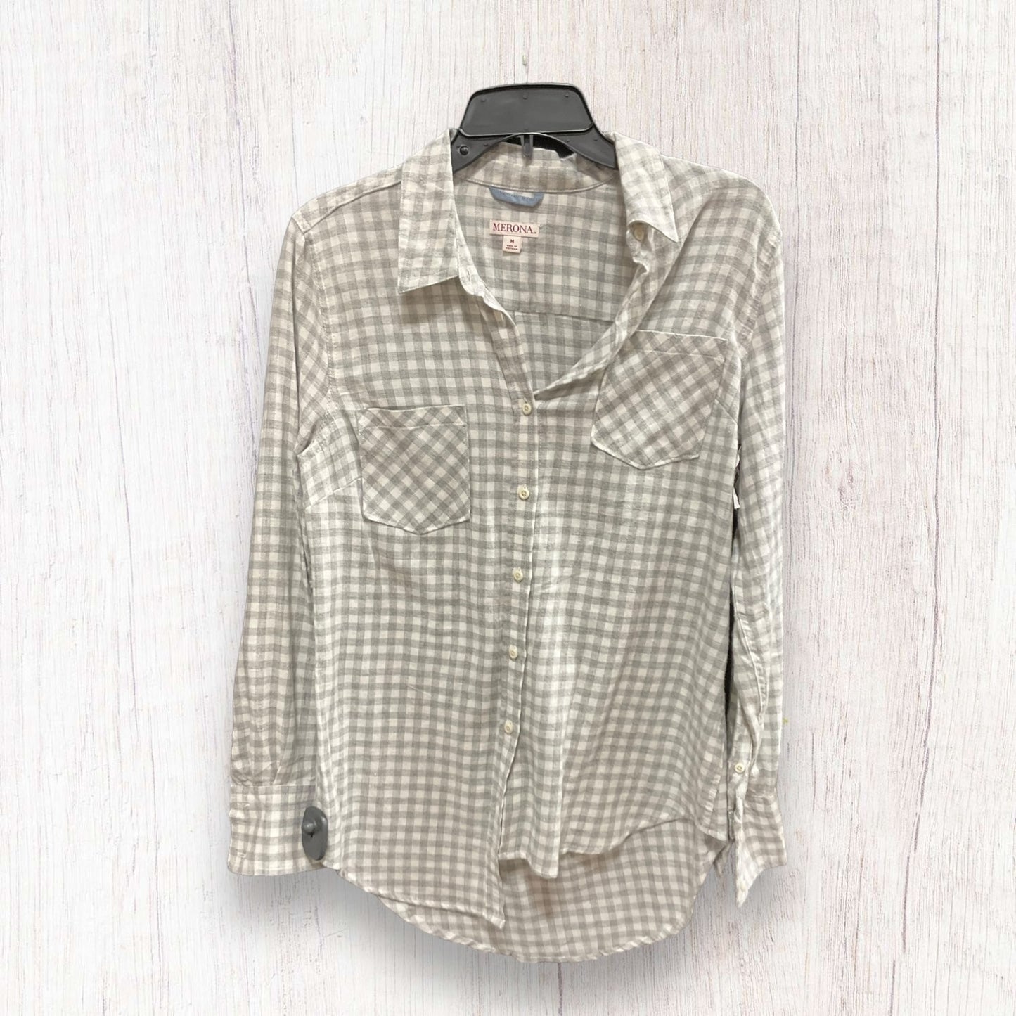 Grey White Blouse Long Sleeve Merona, Size M