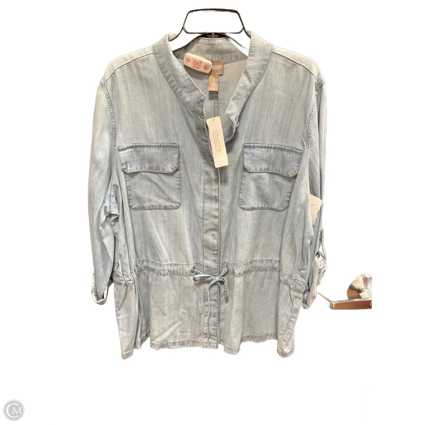 Jacket Shirt By Chicos In Blue Denim, Size: Xl