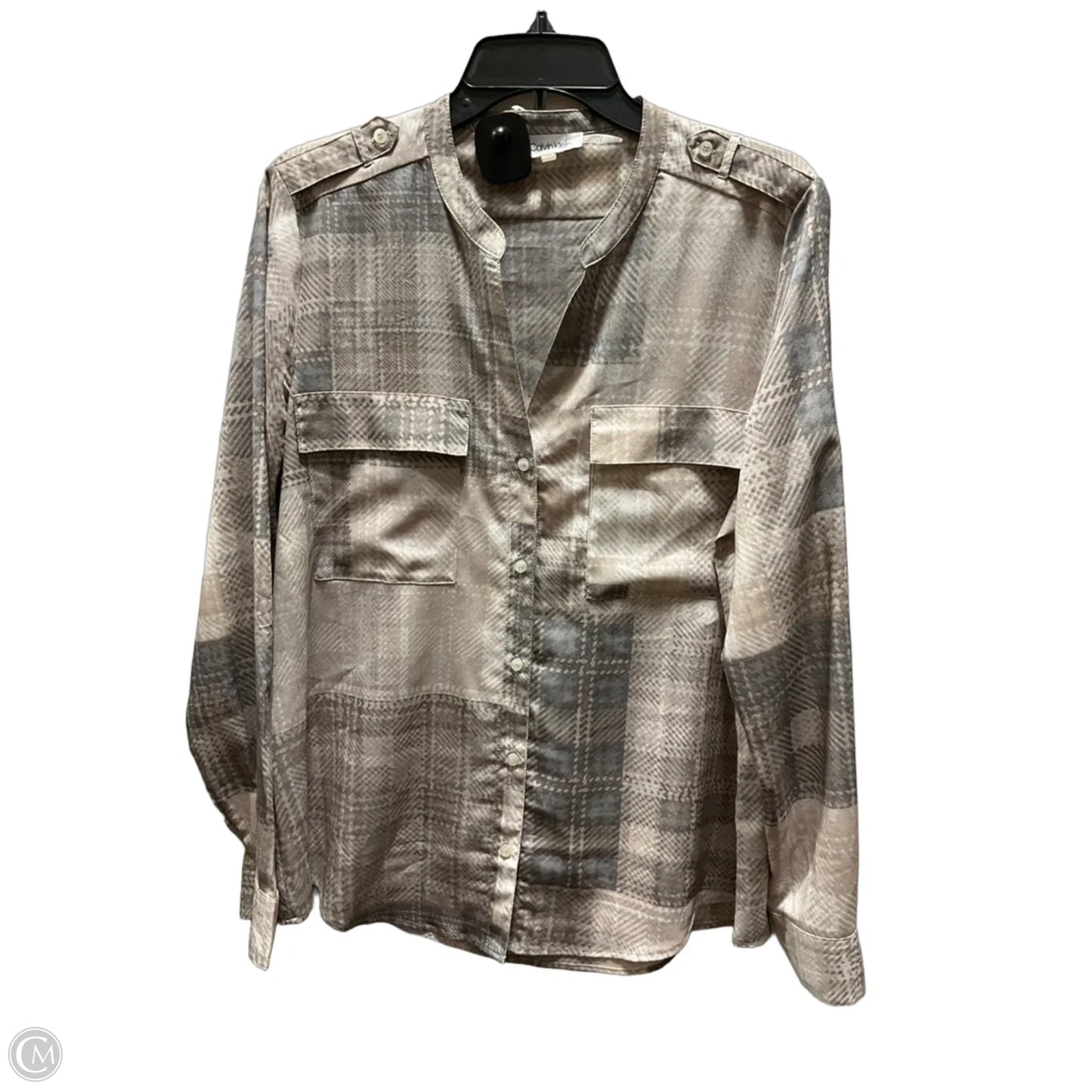 Blouse Long Sleeve By Calvin Klein In Plaid Pattern, Size: L