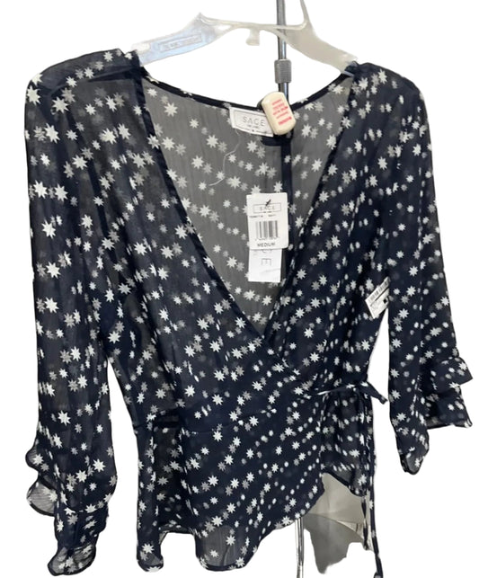 Blouse Long Sleeve By Sage In Blue & White, Size: M